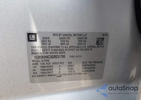 2016 Chevrolet Suburban Lt from USA, damaged, VIN 1GNSKHKC3GR231786